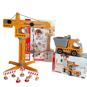 Hape Playscapes Crane Lift & Dump Truck Playset Wooden Construction Vehicles NEW